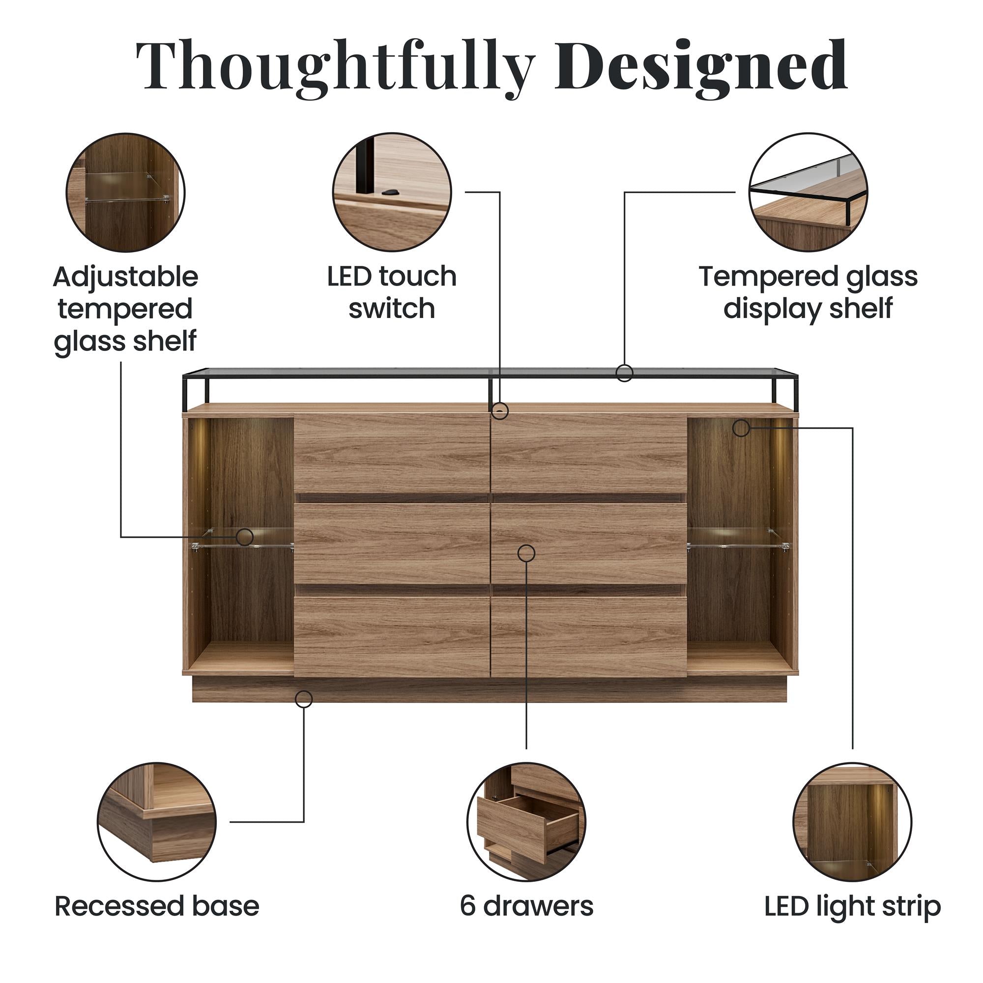 Devon 6-Drawer Dresser with LED Lights and Glass Top, Danish Walnut - Danish Walnut - 6 Drawer