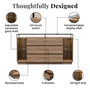 Devon 6-Drawer Dresser with LED Lights and Glass Top, Danish Walnut - Danish Walnut - 6 Drawer