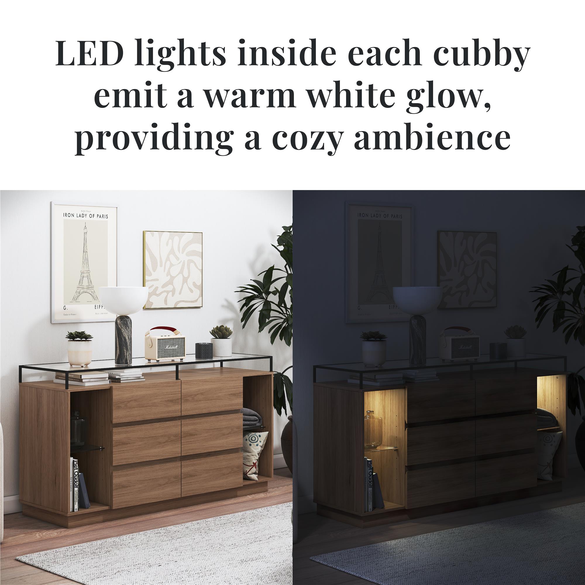 Devon 6-Drawer Dresser with LED Lights and Glass Top, Danish Walnut - Danish Walnut - 6 Drawer