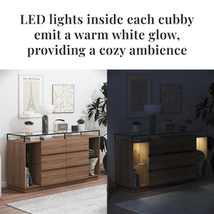 Devon 6-Drawer Dresser with LED Lights and Glass Top, Danish Walnut - Danish Walnut - 6 Drawer
