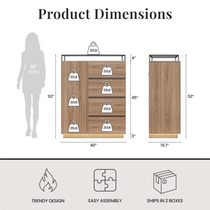 Devon 4-Drawer Dresser with Door, LED Lights and Glass Top, Danish Walnut - Danish Walnut