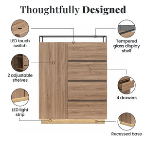 Devon 4-Drawer Dresser with Door, LED Lights and Glass Top, Danish Walnut - Danish Walnut