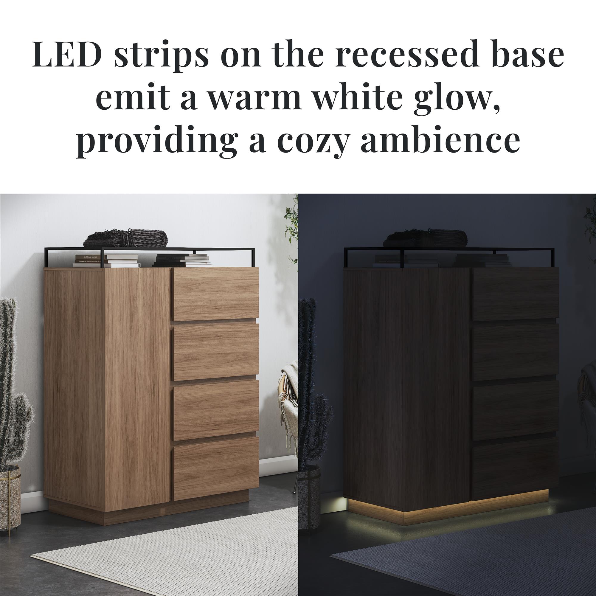 Devon 4-Drawer Dresser with Door, LED Lights and Glass Top, Danish Walnut - Danish Walnut