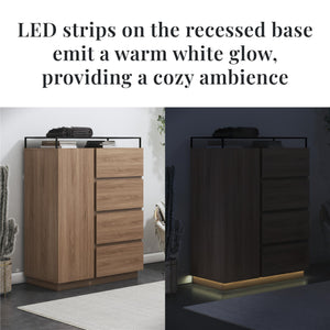 Devon 4-Drawer Dresser with Door, LED Lights and Glass Top, Danish Walnut - Danish Walnut