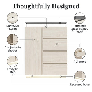 Devon 4-Drawer Dresser with Door, LED Lights and Glass Top, Eden Ash - Eden Ash