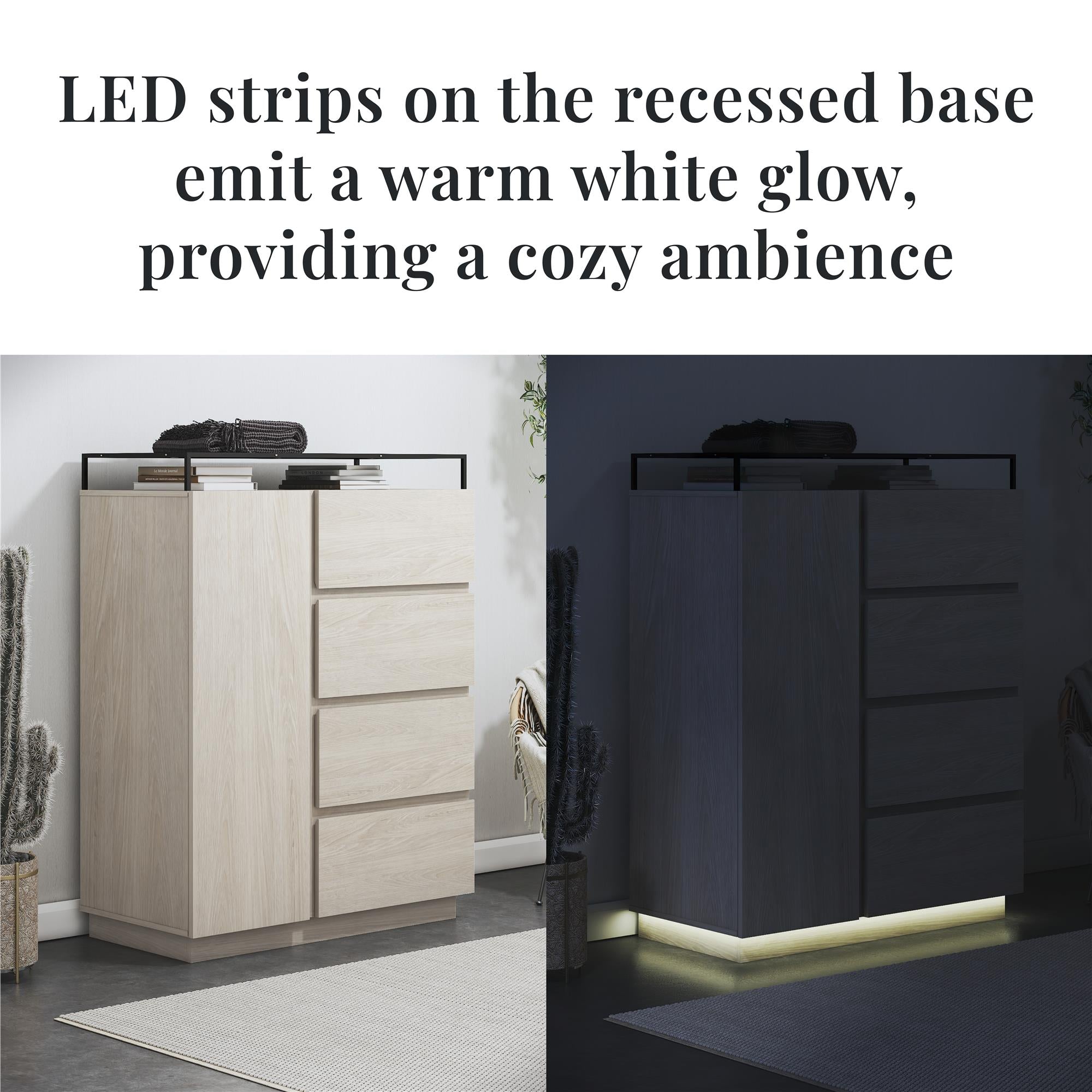 Devon 4-Drawer Dresser with Door, LED Lights and Glass Top, Eden Ash - Eden Ash