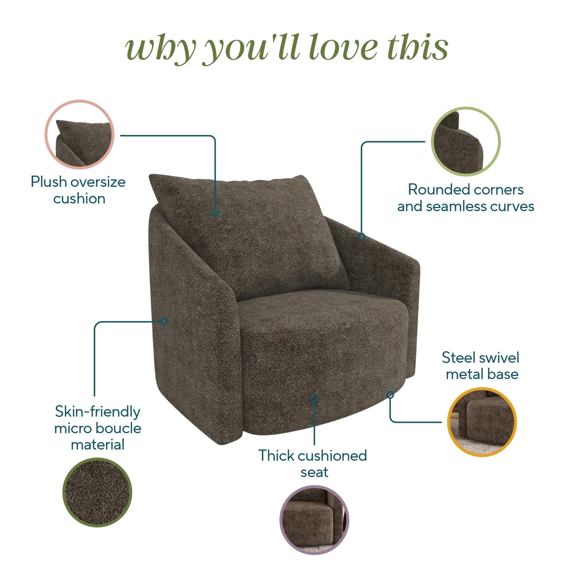 Novogratz Ines Round Swivel Accent Chair, Brown Micro Boucle - Tan - 1-Seater