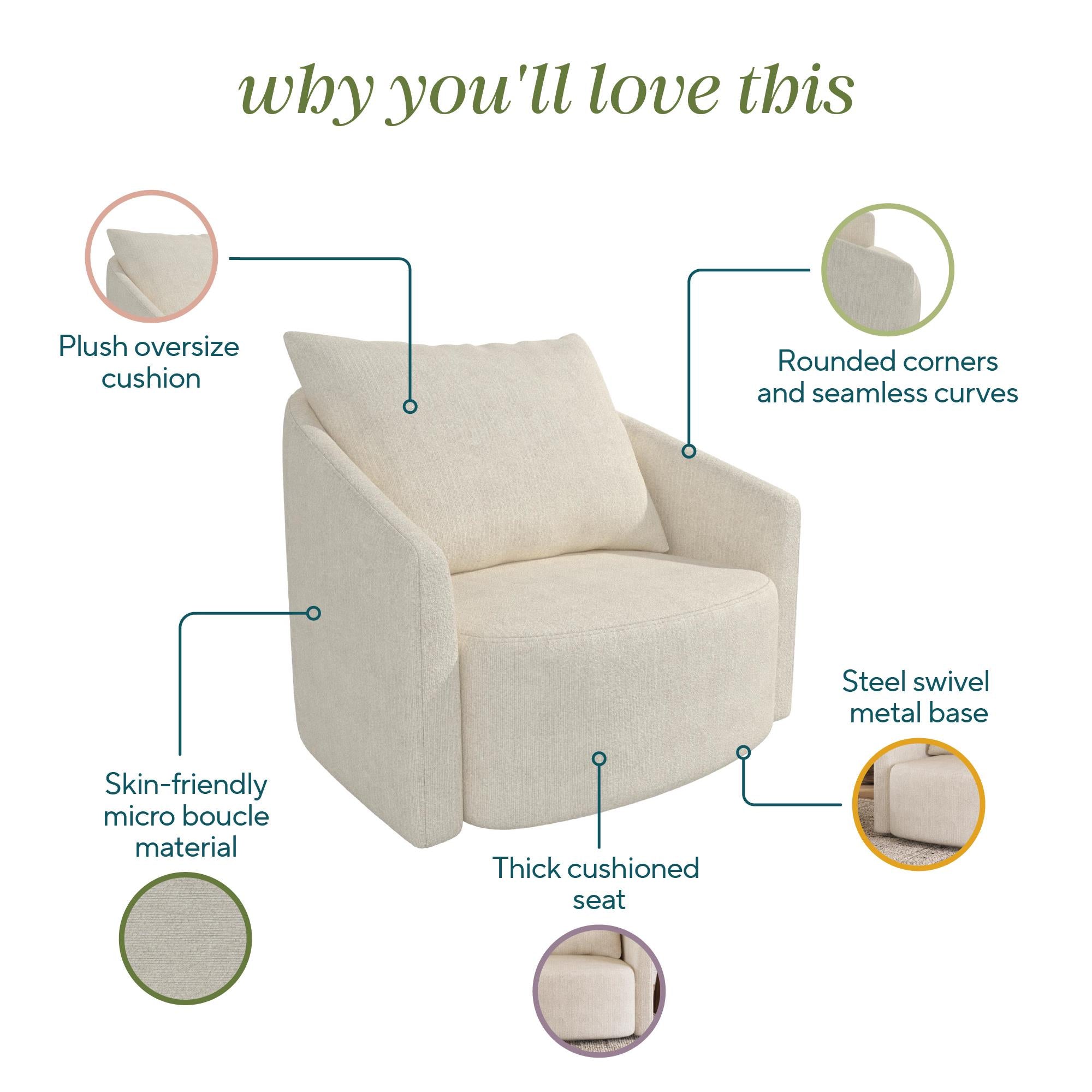 Novogratz Ines Round Swivel Accent Chair, Cream Micro Boucle - Ivory Boucle - 1-Seater