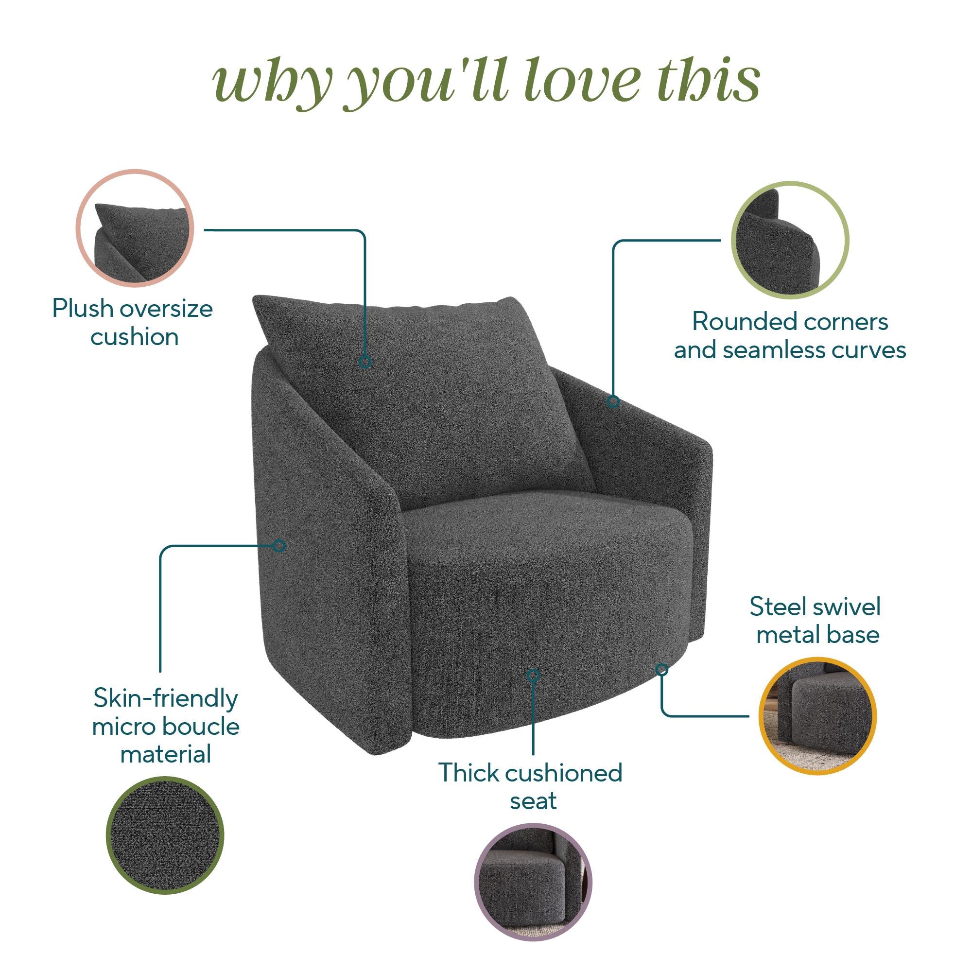 Novogratz Ines Round Swivel Accent Chair, Dark Gray Micro Boucle - Dark Gray - 1-Seater
