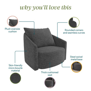 Novogratz Ines Round Swivel Accent Chair, Dark Gray Micro Boucle - Dark Gray - 1-Seater