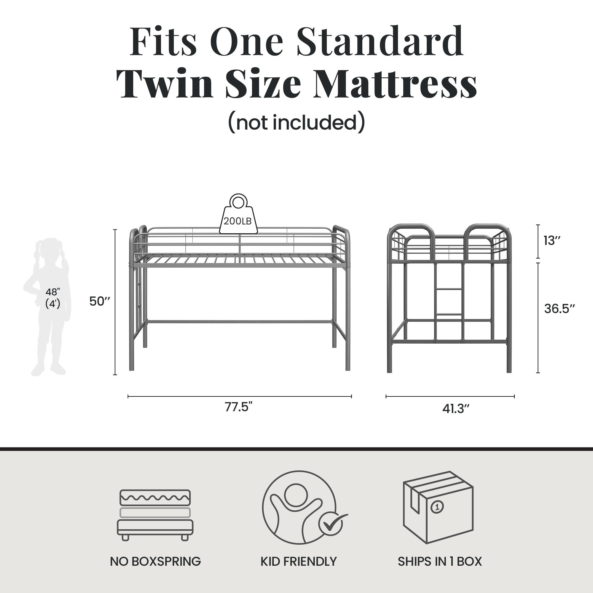 RealRooms Kaylee Junior Metal Loft Bed, Twin, Silver - Silver - Twin