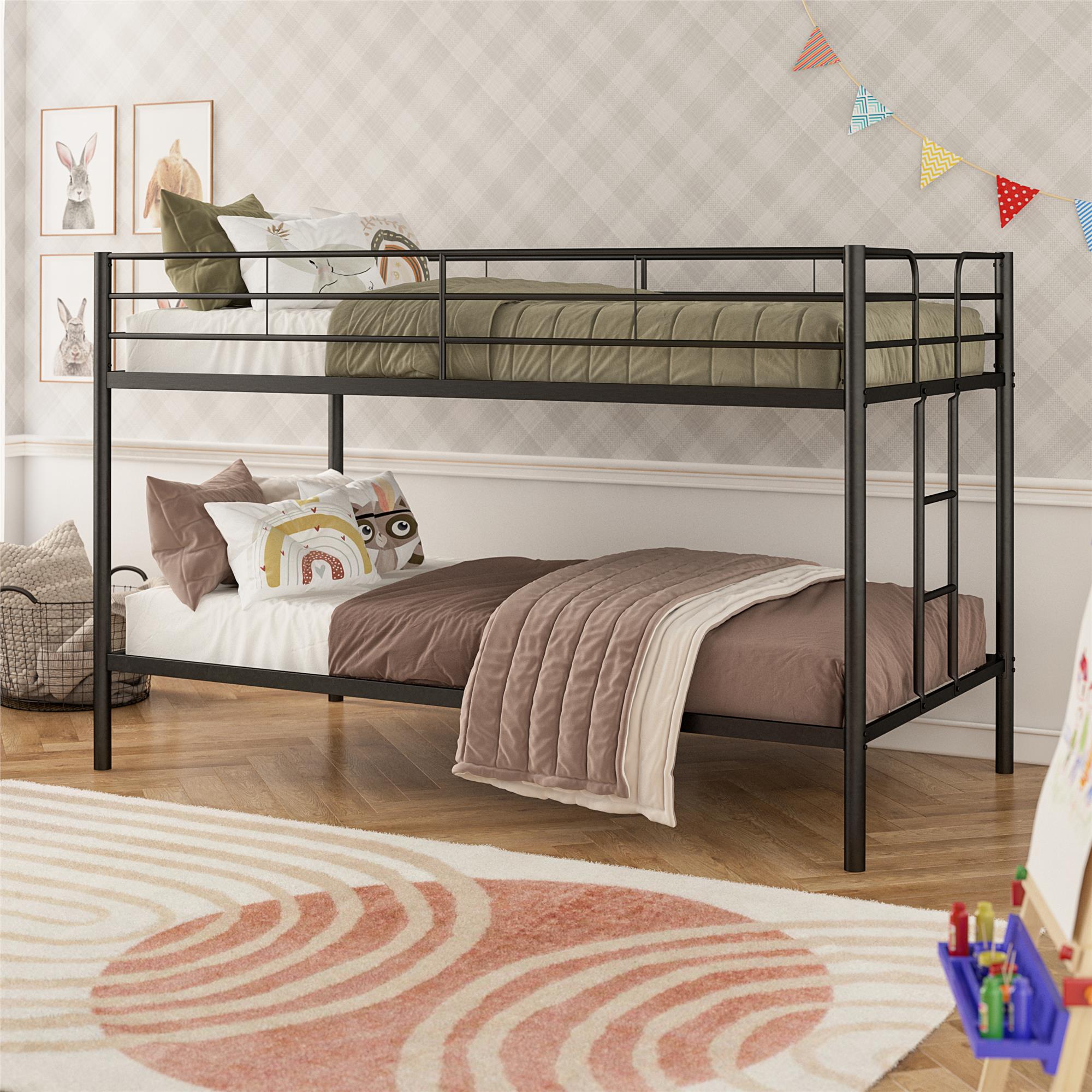DHP Elara Low Metal Bunk Bed, Twin Over Twin, Black - Black - Twin-Over-Twin