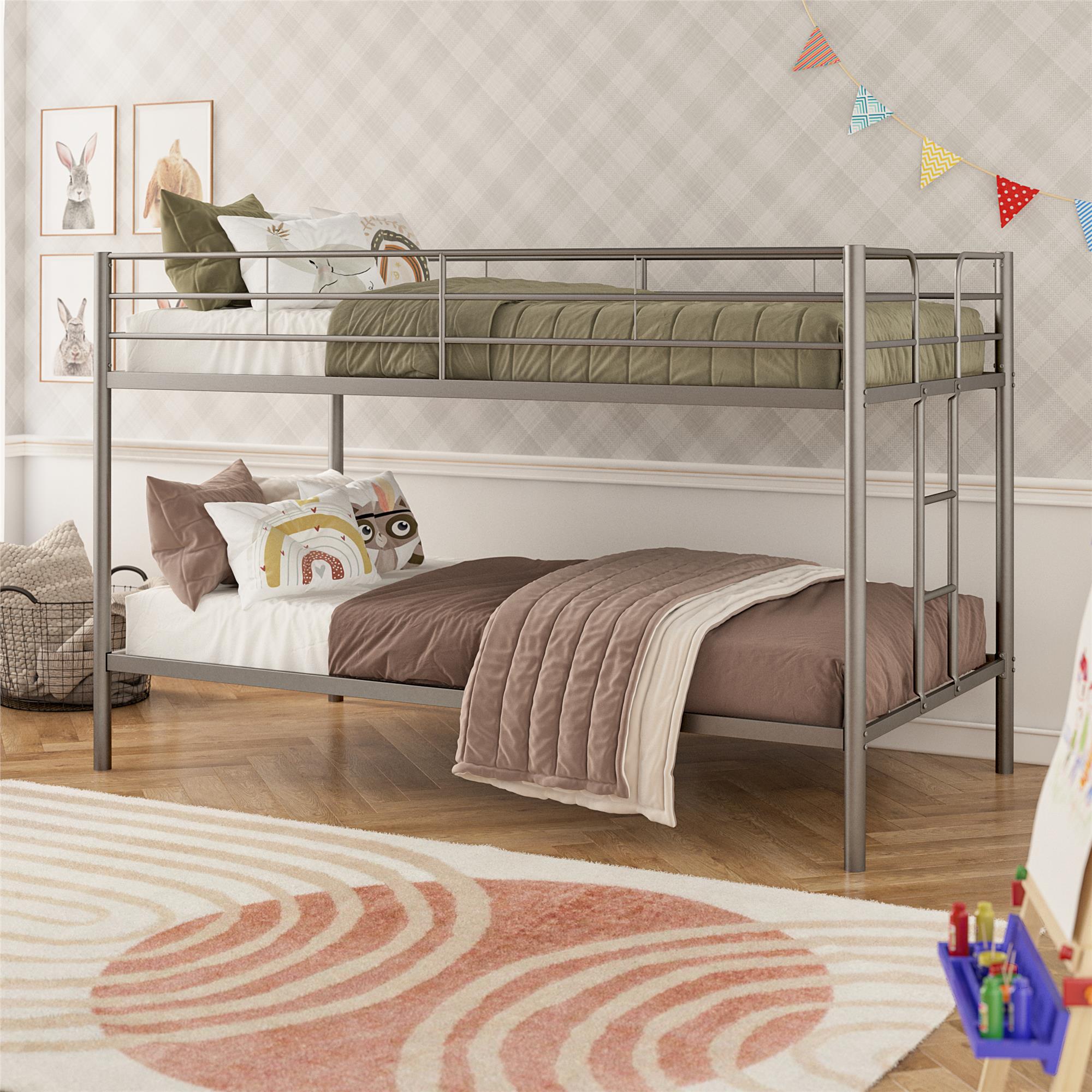 DHP Elara Low Metal Bunk Bed, Twin Over Twin, Silver - Silver - Twin-Over-Twin