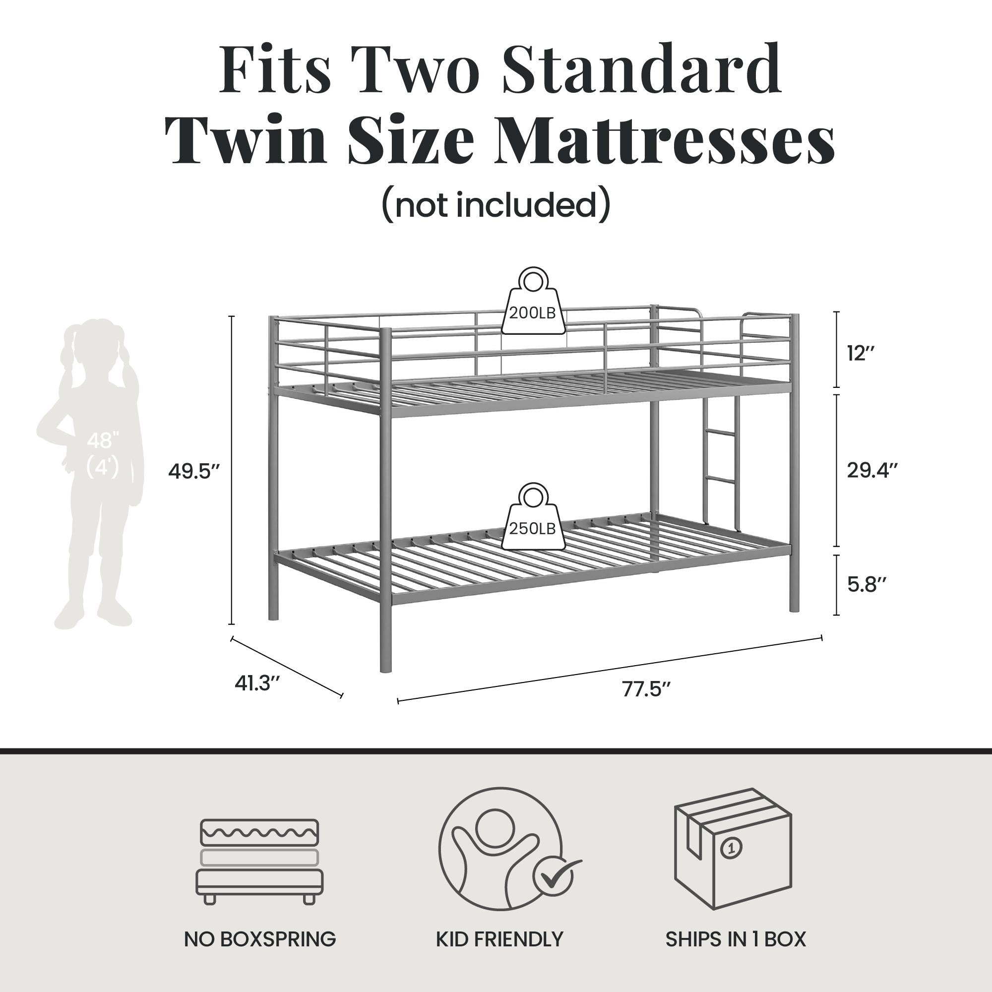 DHP Elara Low Metal Bunk Bed, Twin Over Twin, Silver - Silver - Twin-Over-Twin