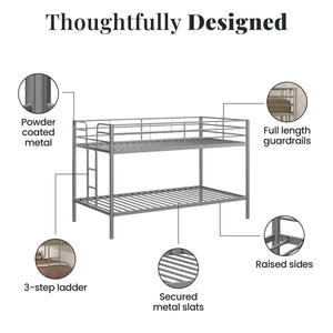 DHP Elara Low Metal Bunk Bed, Twin Over Twin, Silver - Silver - Twin-Over-Twin