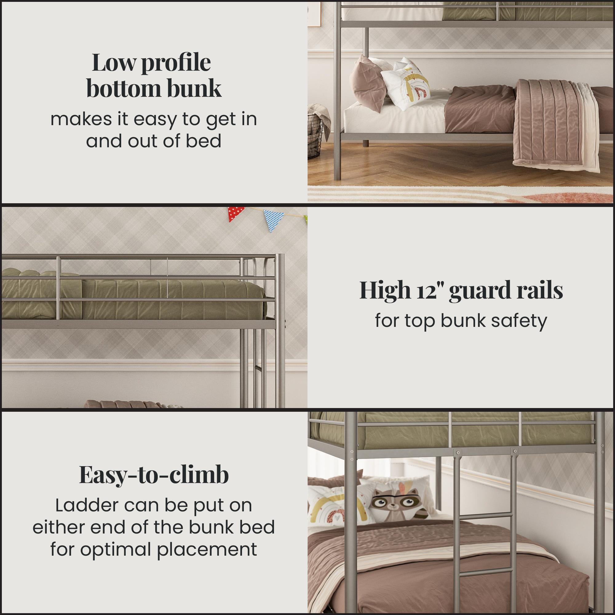 DHP Elara Low Metal Bunk Bed, Twin Over Twin, Silver - Silver - Twin-Over-Twin