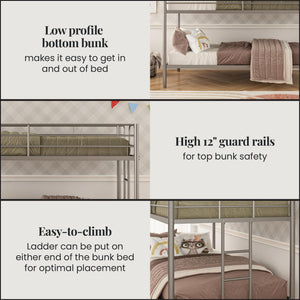 DHP Elara Low Metal Bunk Bed, Twin Over Twin, Silver - Silver - Twin-Over-Twin