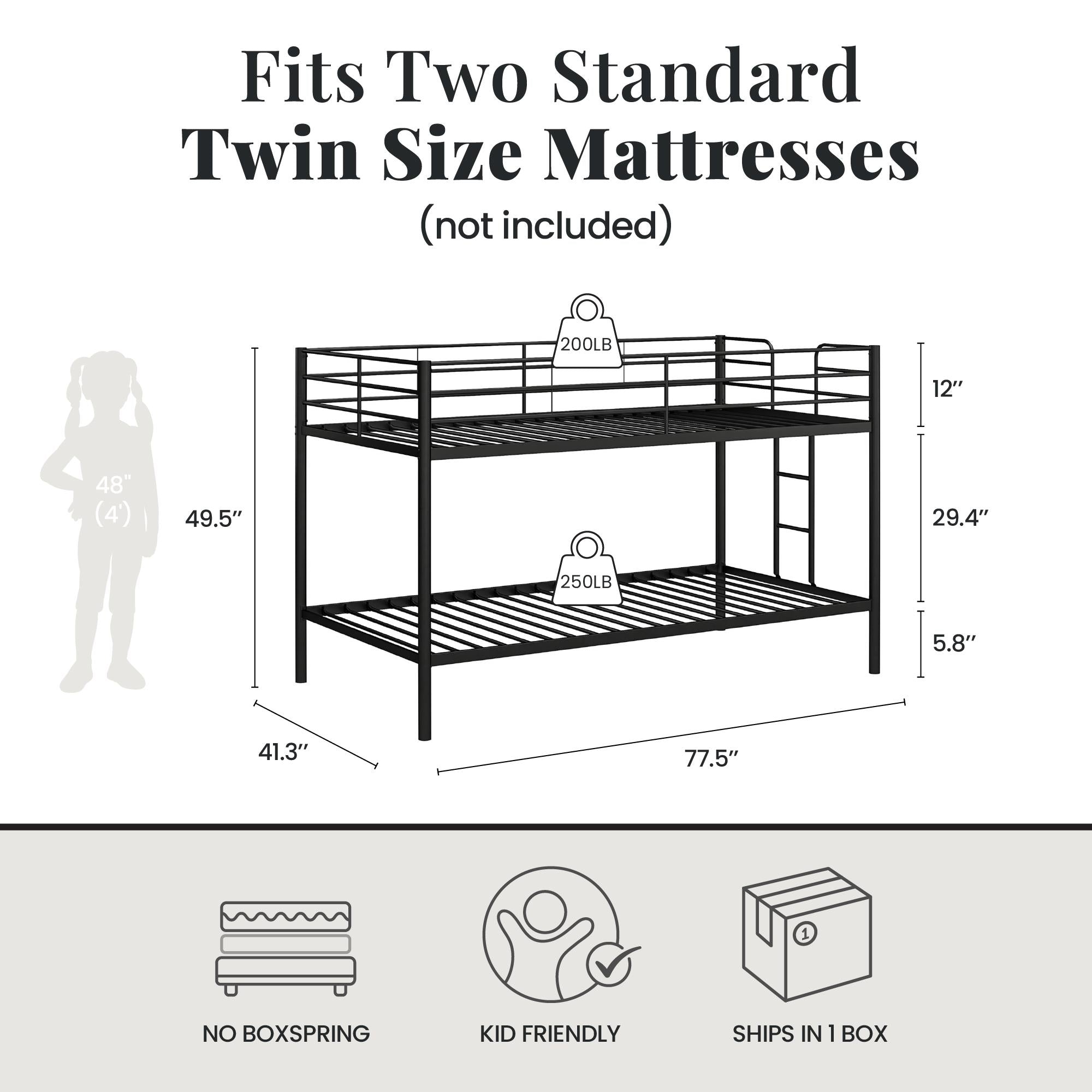 DHP Elara Low Metal Bunk Bed, Twin Over Twin, Black - Black - Twin-Over-Twin