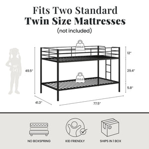 DHP Elara Low Metal Bunk Bed, Twin Over Twin, Black - Black - Twin-Over-Twin