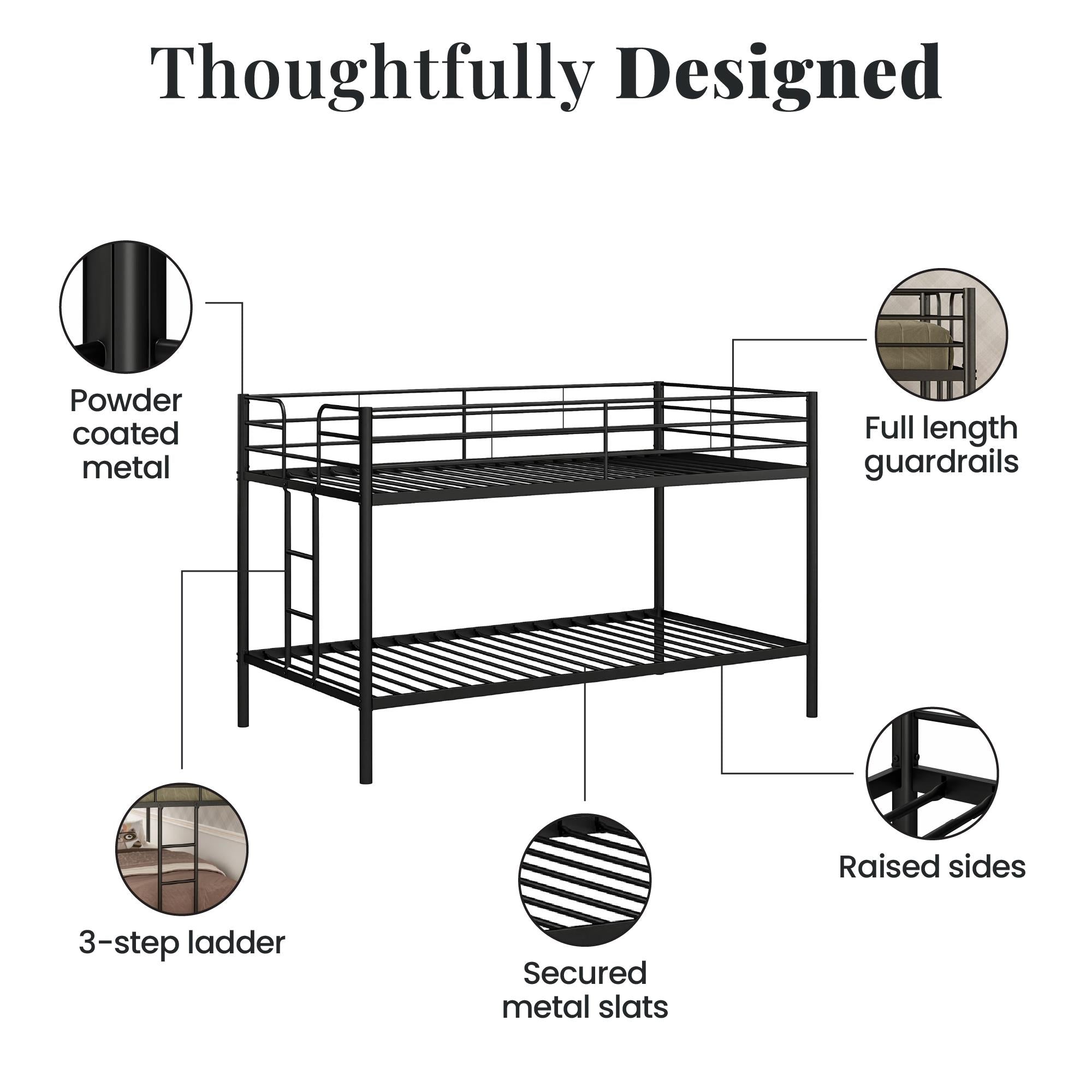 DHP Elara Low Metal Bunk Bed, Twin Over Twin, Black - Black - Twin-Over-Twin