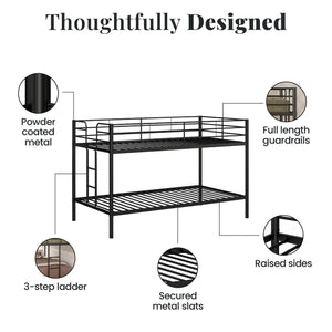 DHP Elara Low Metal Bunk Bed, Twin Over Twin, Black - Black - Twin-Over-Twin