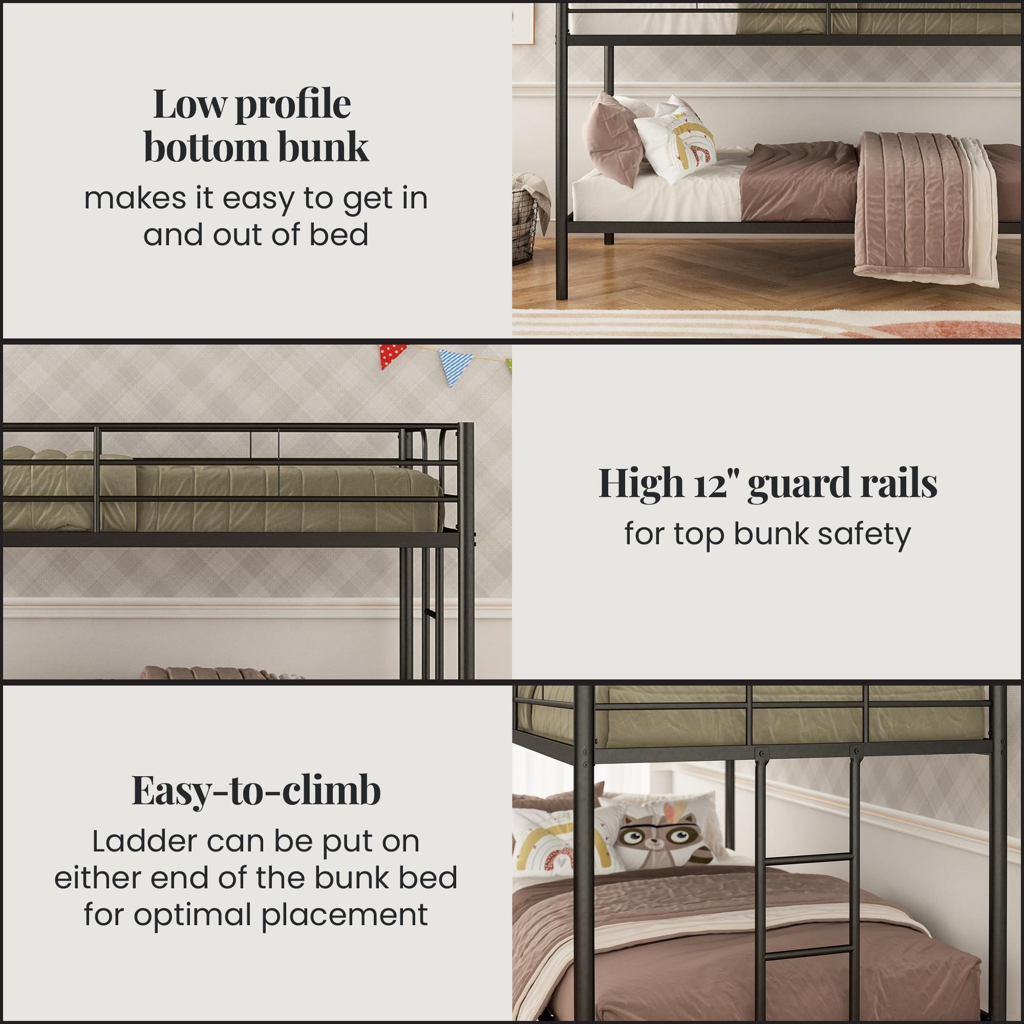 DHP Elara Low Metal Bunk Bed, Twin Over Twin, Black - Black - Twin-Over-Twin