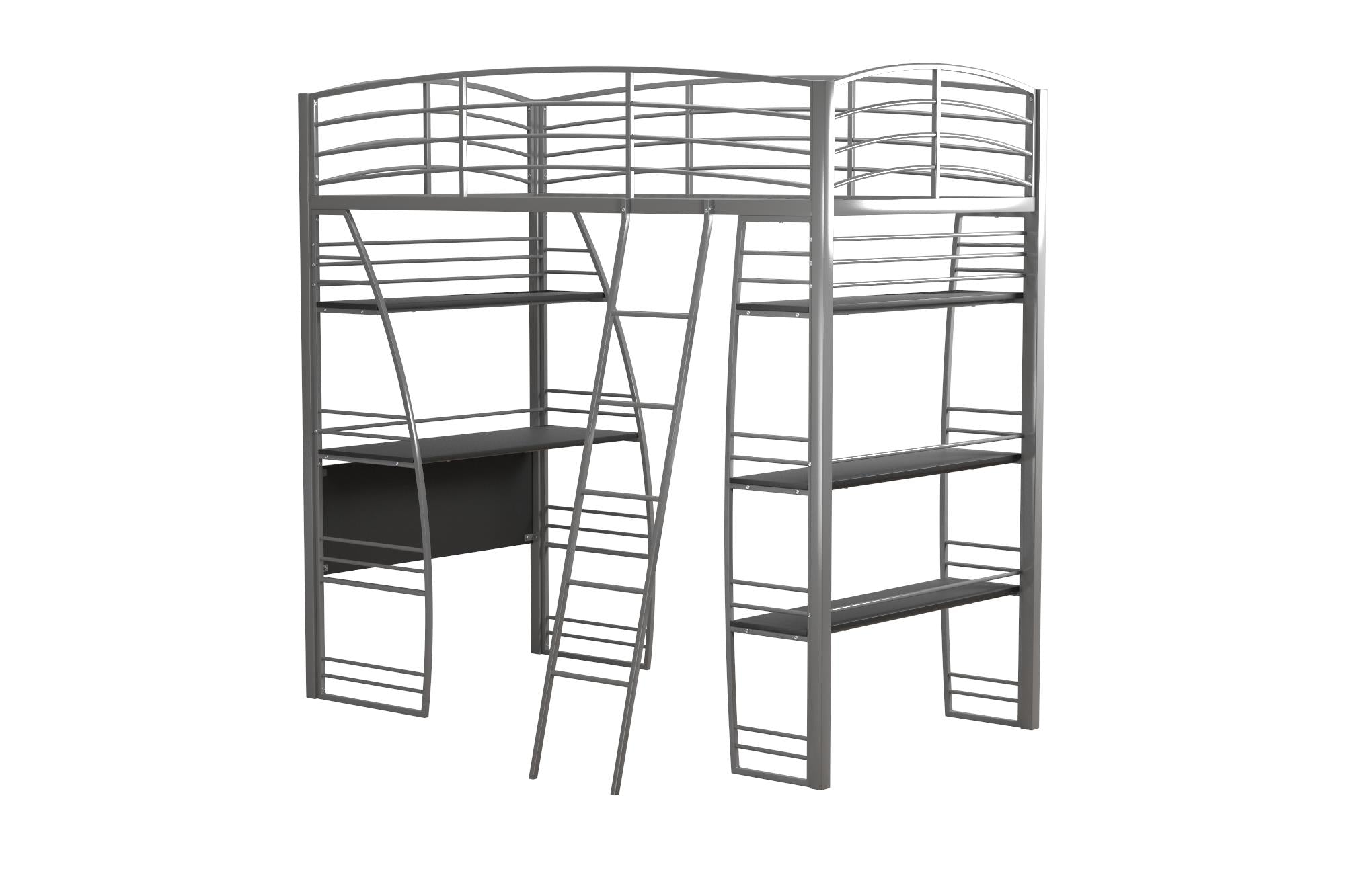 DHP Sage Studio Loft Bed with Desk and Shelves - Silver - Twin