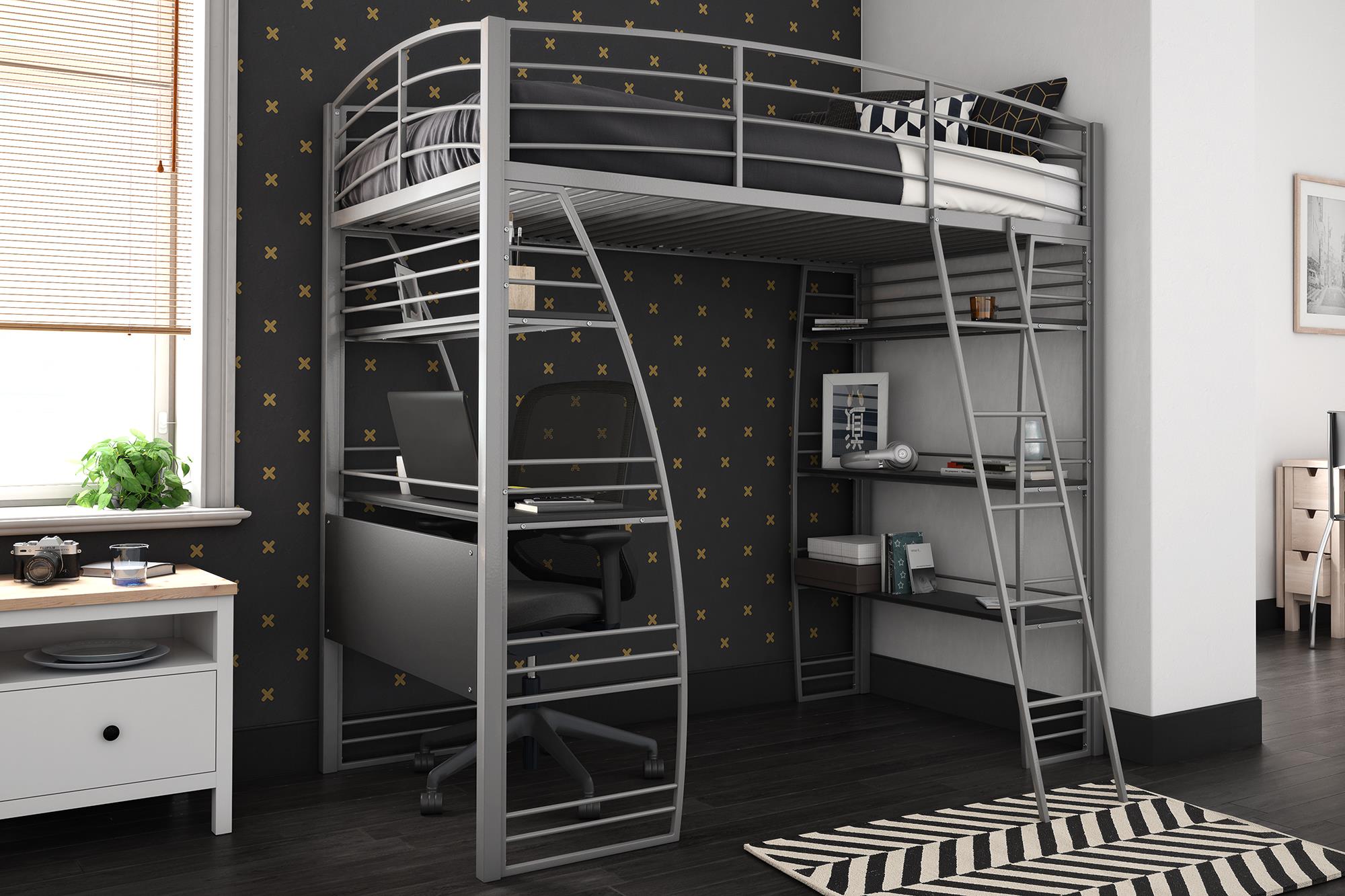 DHP Sage Studio Loft Bed with Desk and Shelves - Silver - Twin