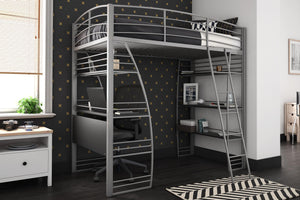 DHP Sage Studio Loft Bed with Desk and Shelves - Silver - Twin