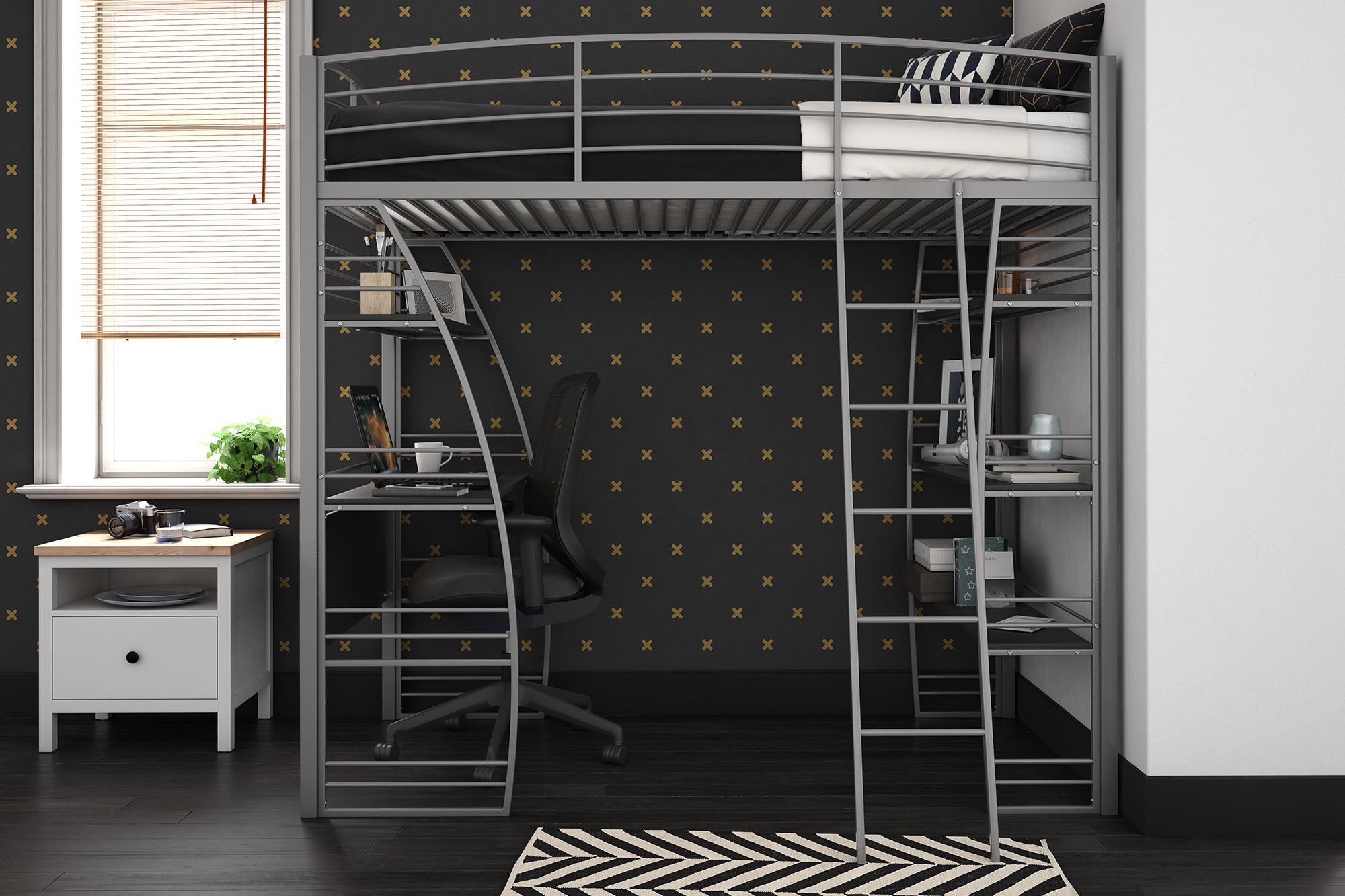 DHP Sage Studio Loft Bed with Desk and Shelves - Silver - Twin