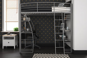 DHP Sage Studio Loft Bed with Desk and Shelves - Silver - Twin