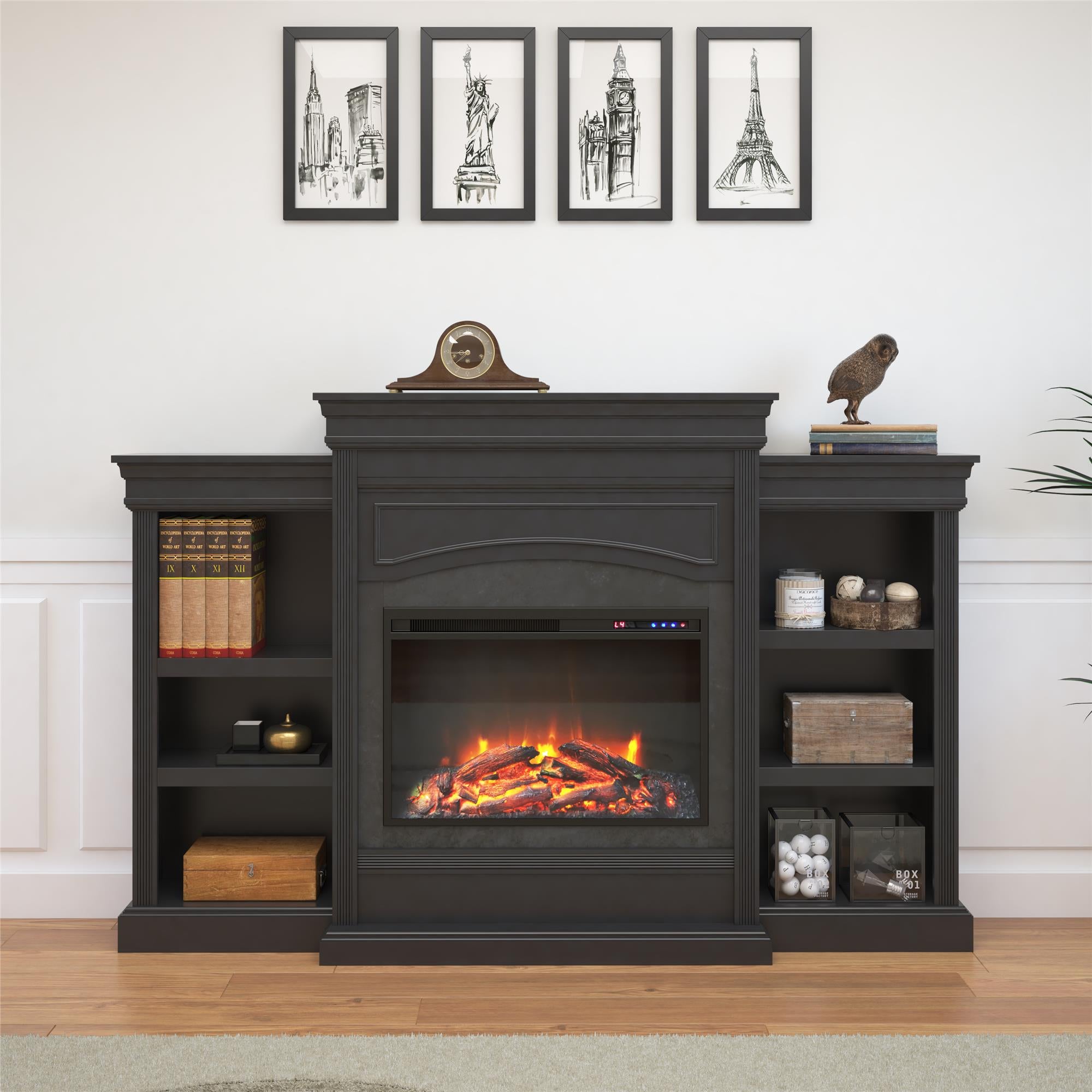 Ameriwood Home Lamont Electric Fireplace with Mantel and Side Bookcases - Black