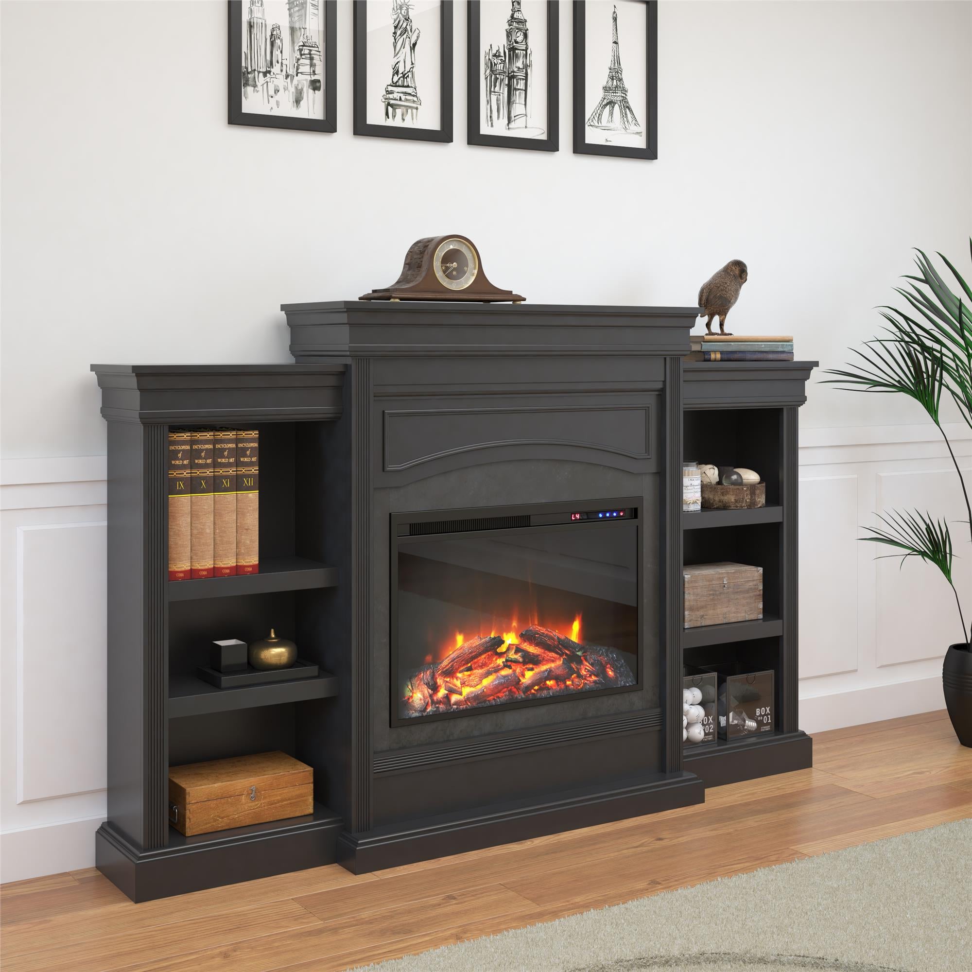 Ameriwood Home Lamont Electric Fireplace with Mantel and Side Bookcases - Black