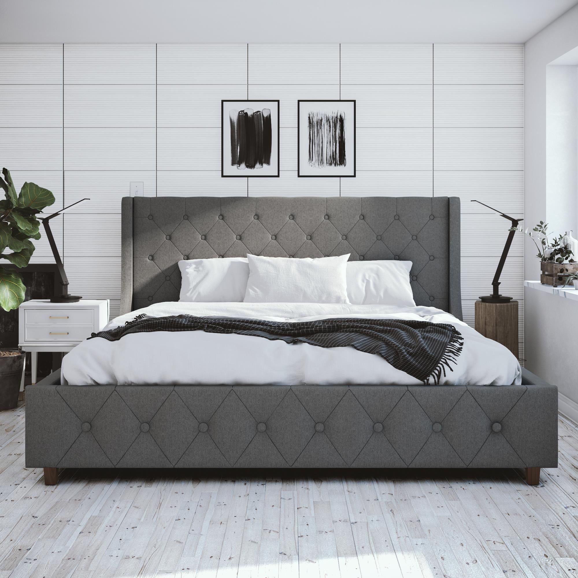 CosmoLiving Mercer Upholstered Bed - Grey Linen - King