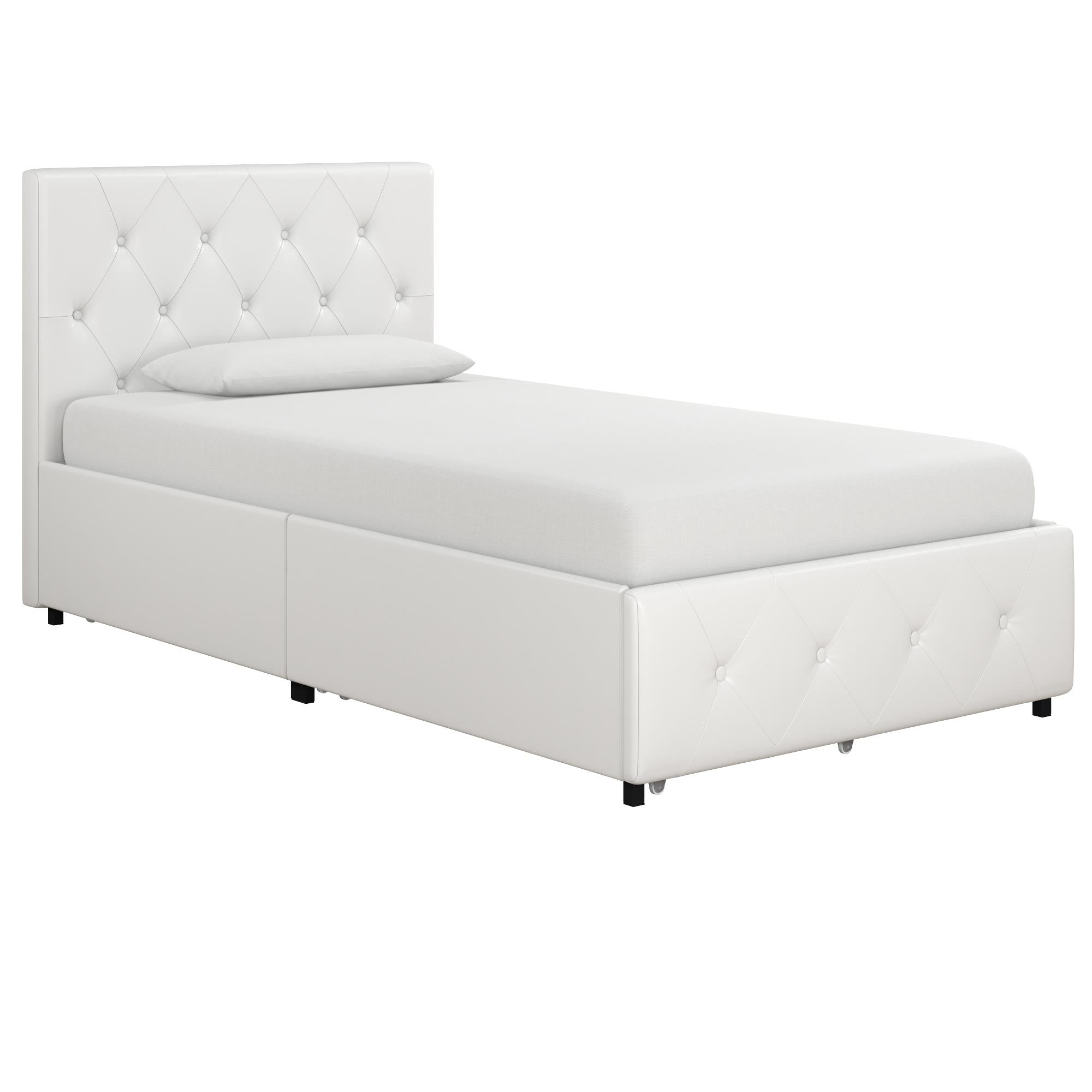 DHP Dakota Upholstered Bed Frame with Drawers - White Faux leather - Twin