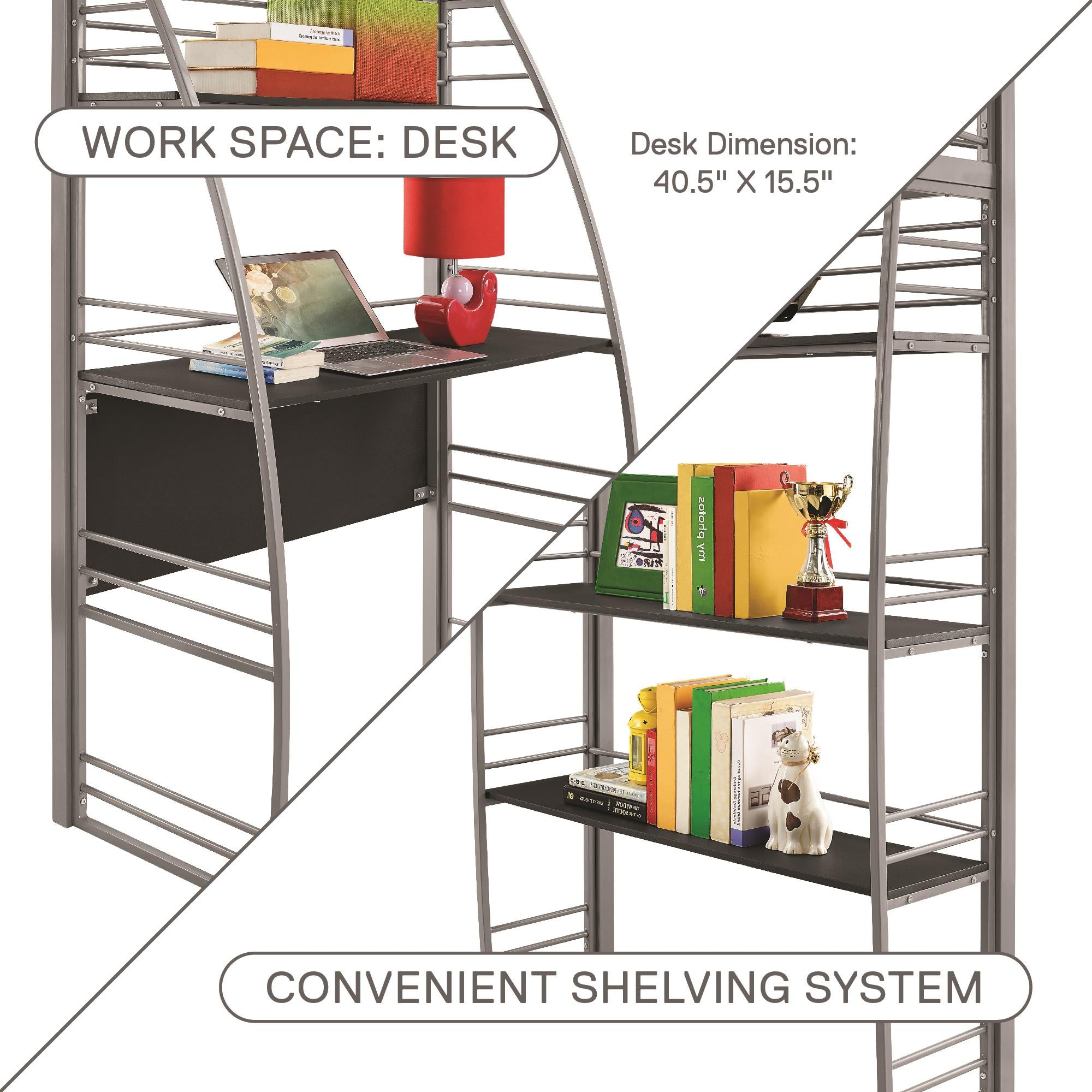 DHP Sage Studio Loft Bed with Desk and Shelves - Silver - Twin