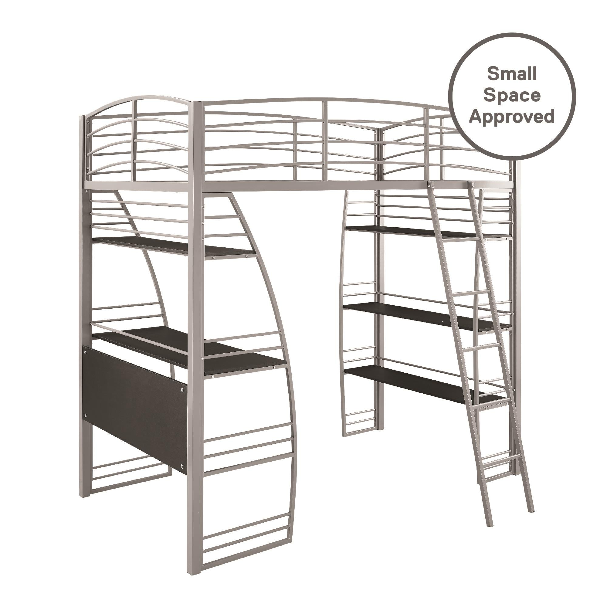 DHP Sage Studio Loft Bed with Desk and Shelves - Silver - Twin