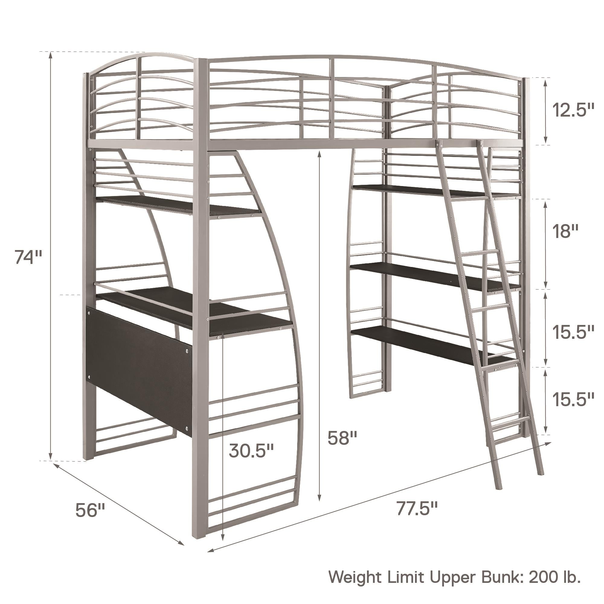 DHP Sage Studio Loft Bed with Desk and Shelves - Silver - Twin