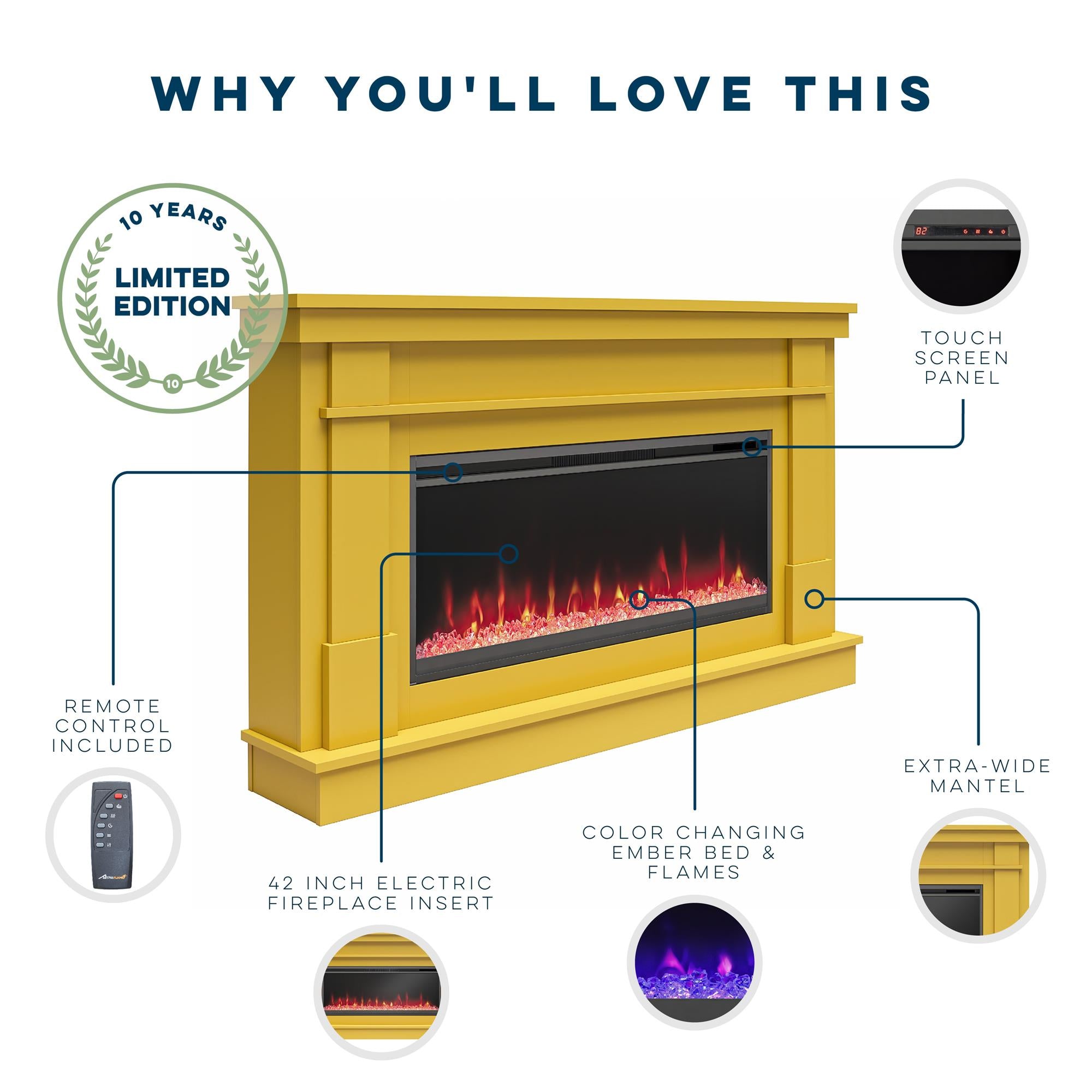 Novogratz Waverly Wide Mantel with Electric Fireplace - Onyx Marble