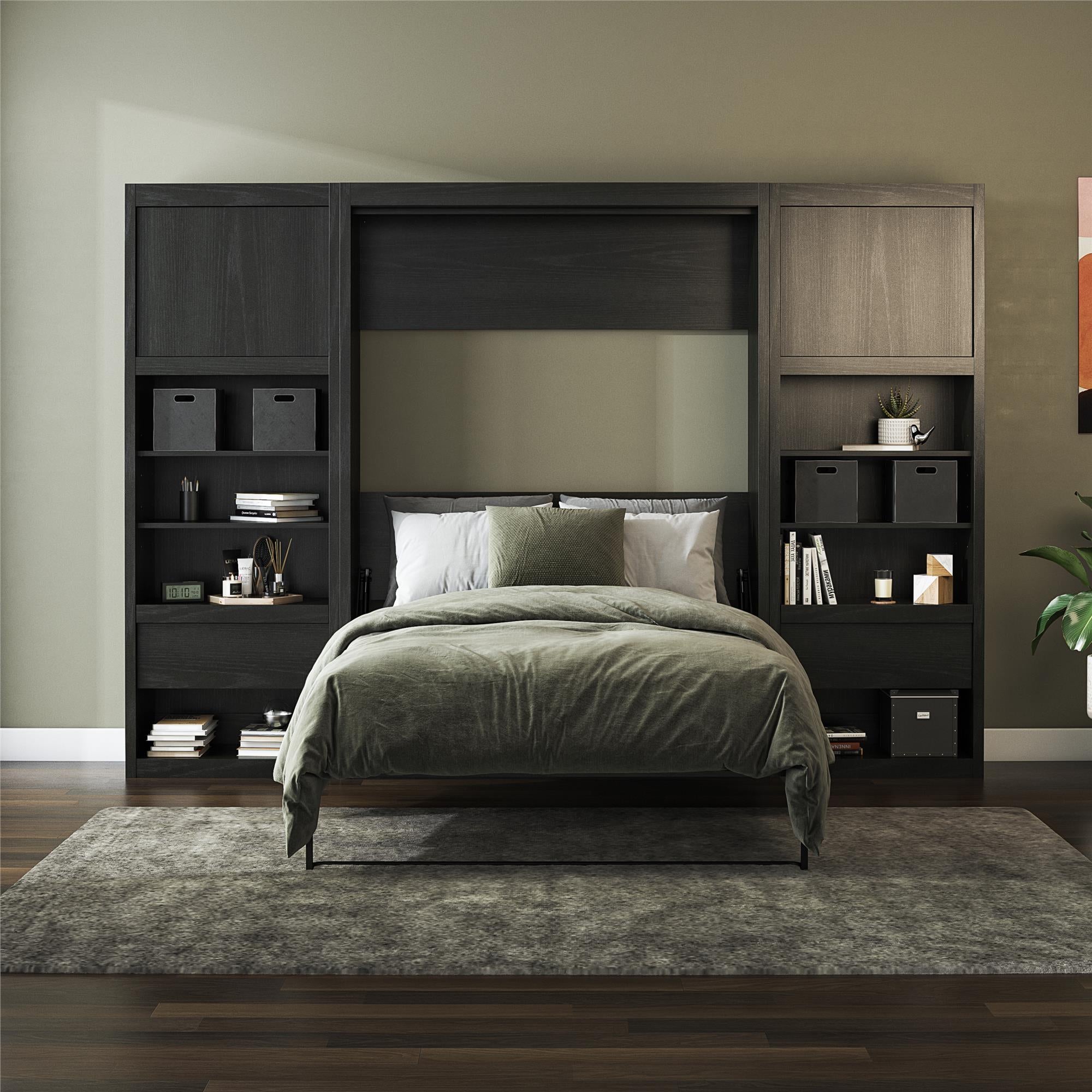 Signature Sleep Paramount Murphy Bed with Nightstand Cabinets - Black Oak - Full