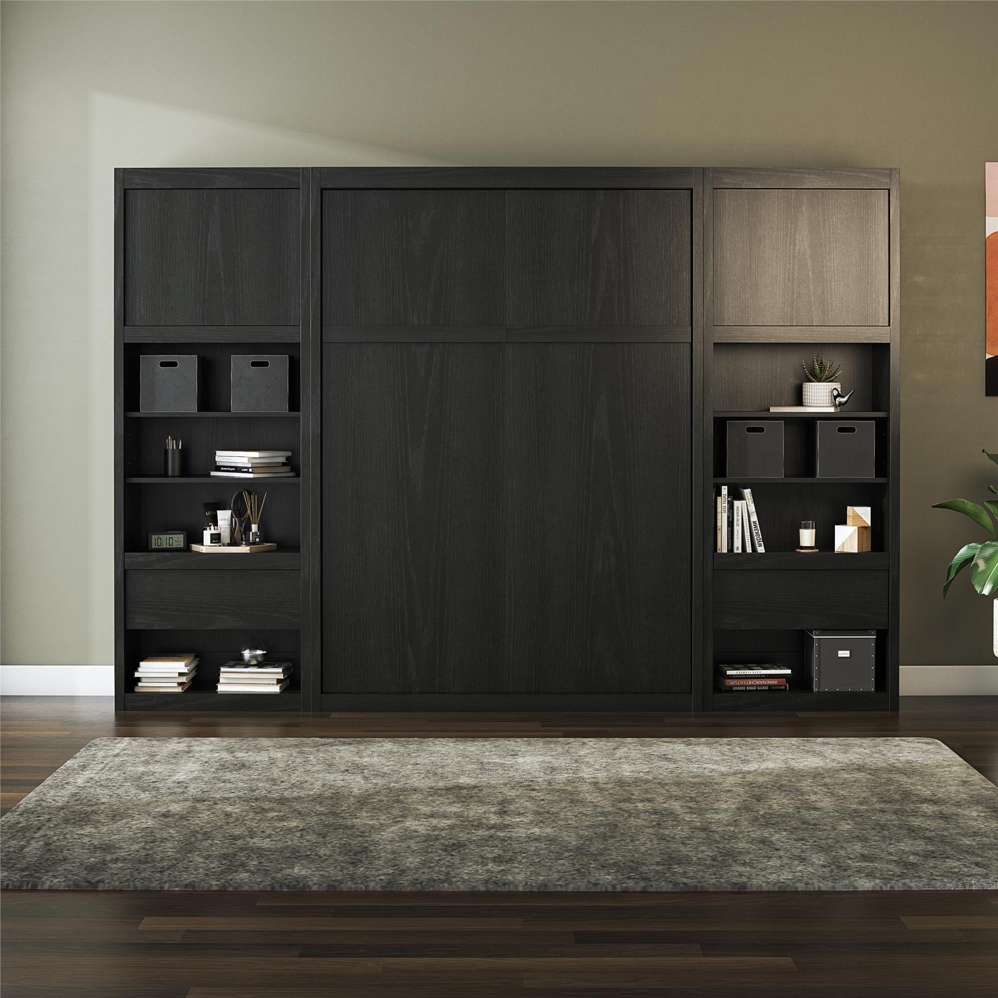 Signature Sleep Paramount Murphy Bed with Nightstand Cabinets - Black Oak - Full
