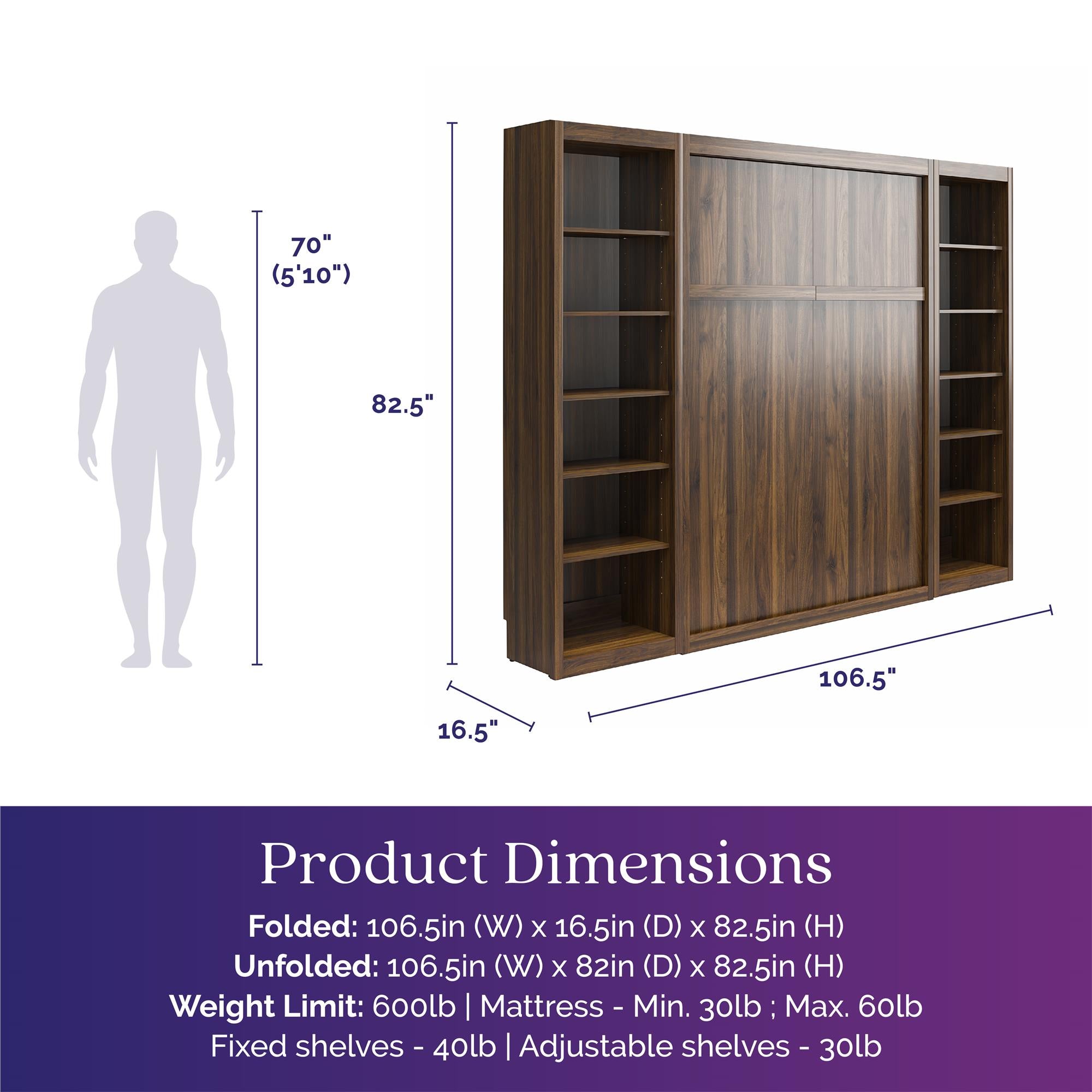 Signature Sleep Paramount Murphy Bed with Bookcase Cabinets - Columbia Walnut - Full