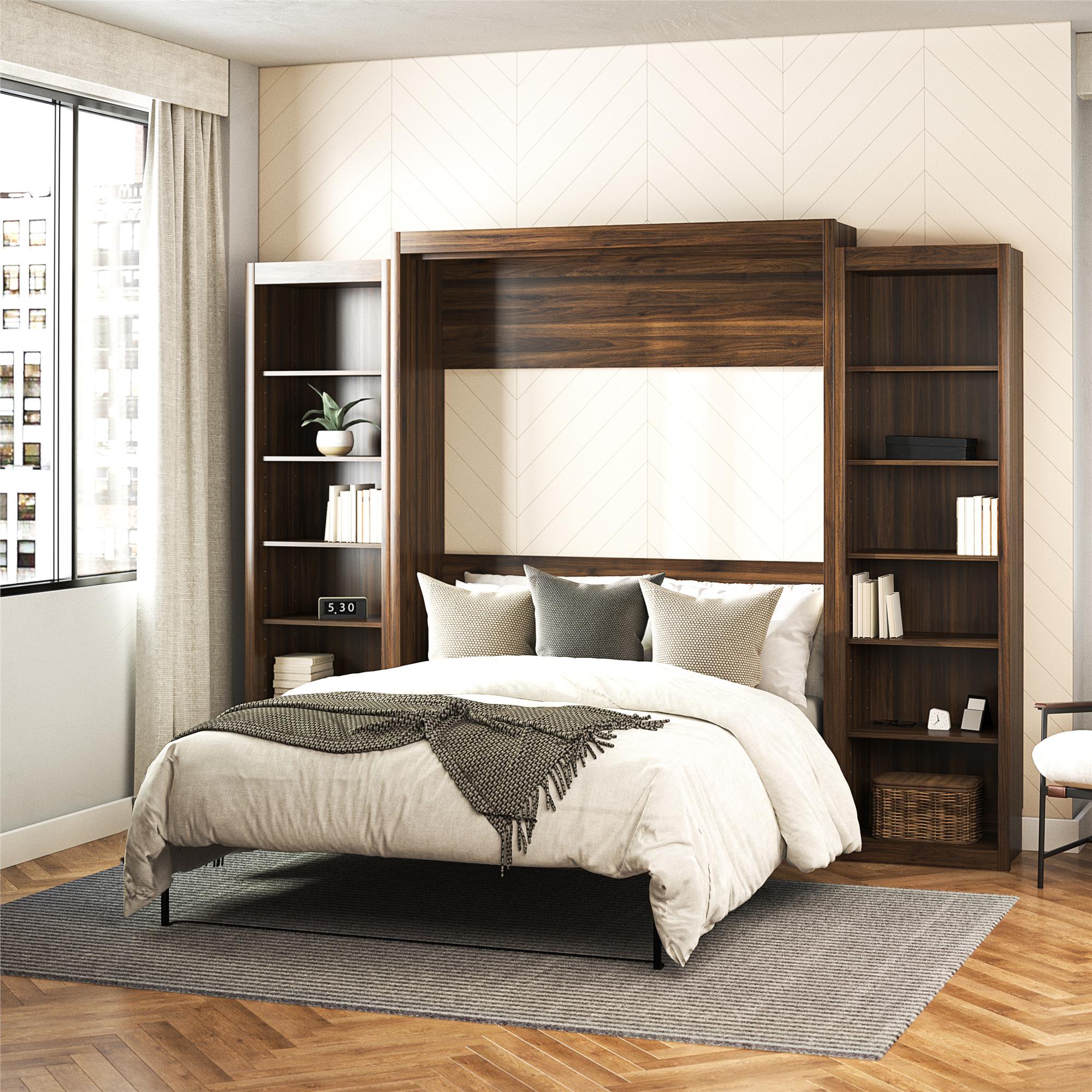 Signature Sleep Paramount Murphy Bed with Bookcase Cabinets - Columbia Walnut - Queen