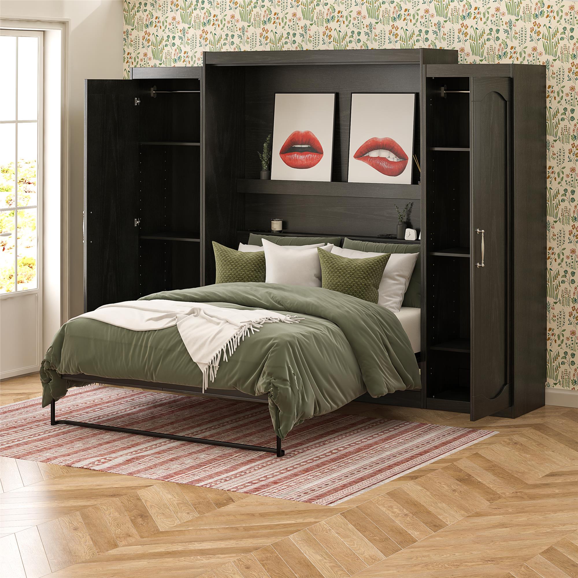 Novogratz Her Majesty Murphy Bed with Cabinets, Queen Size - Black Oak - Queen