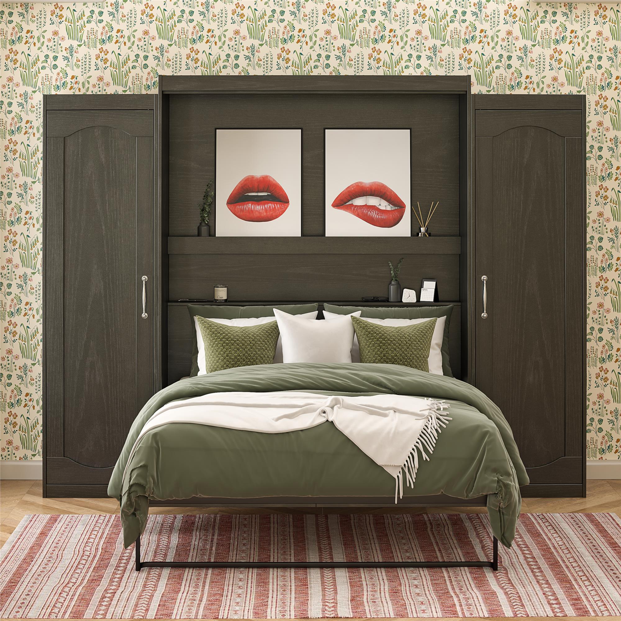 Novogratz Her Majesty Murphy Bed with Cabinets, Queen Size - Black Oak - Queen
