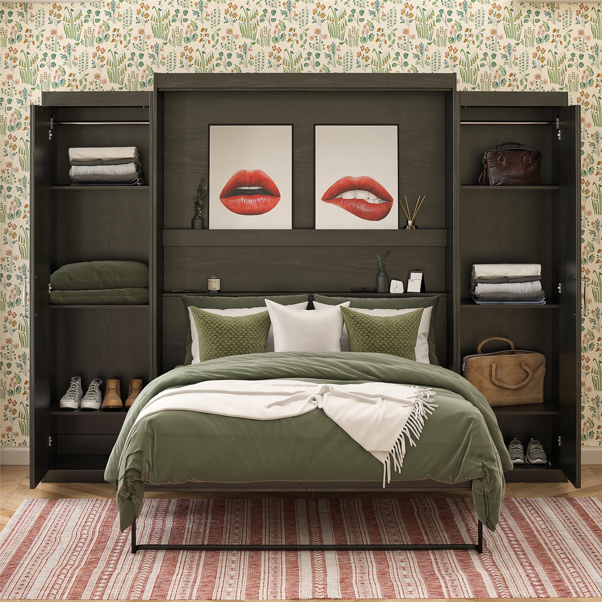 Novogratz Her Majesty Murphy Bed with Cabinets, Queen Size - Black Oak - Queen