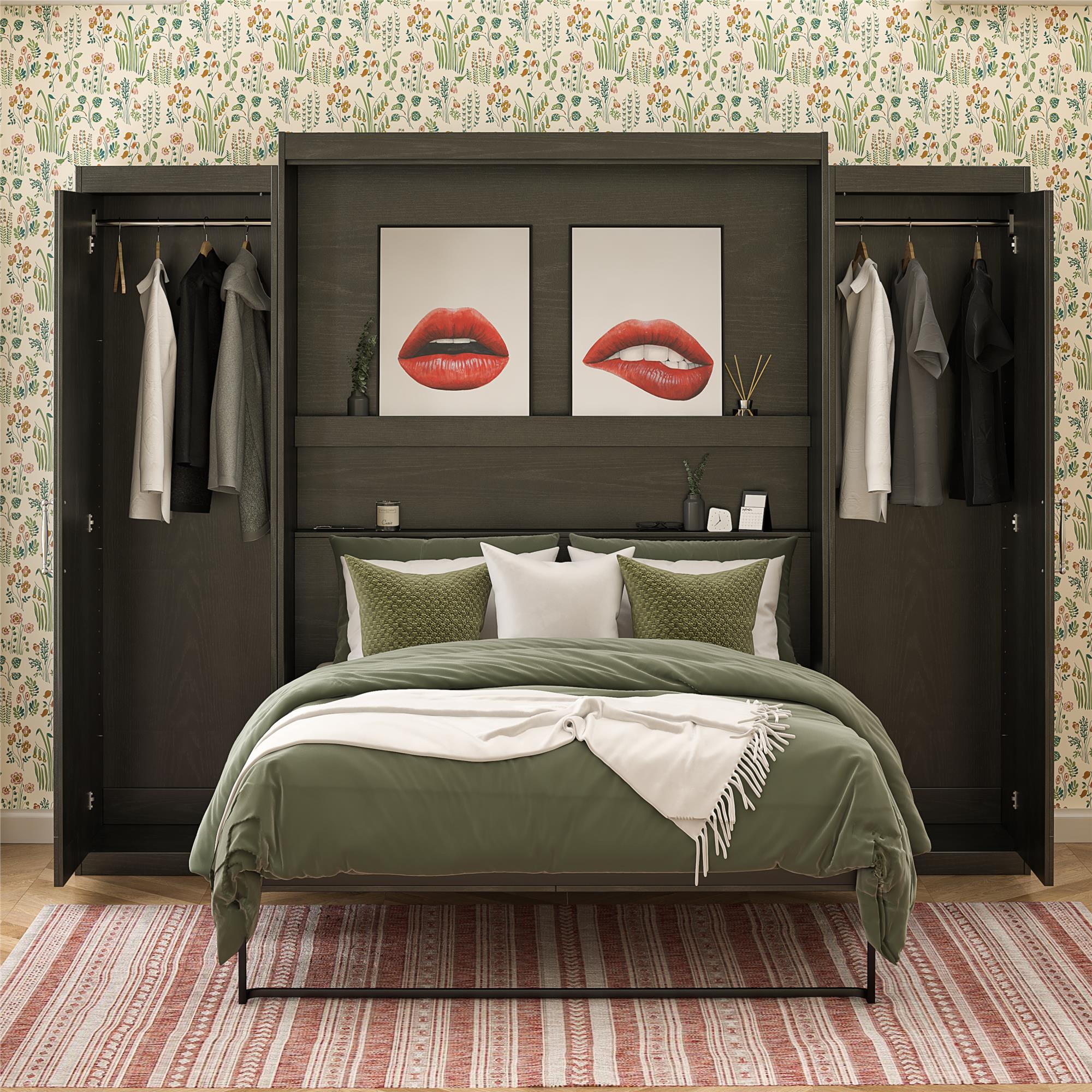 Novogratz Her Majesty Murphy Bed with Cabinets, Queen Size - Black Oak - Queen