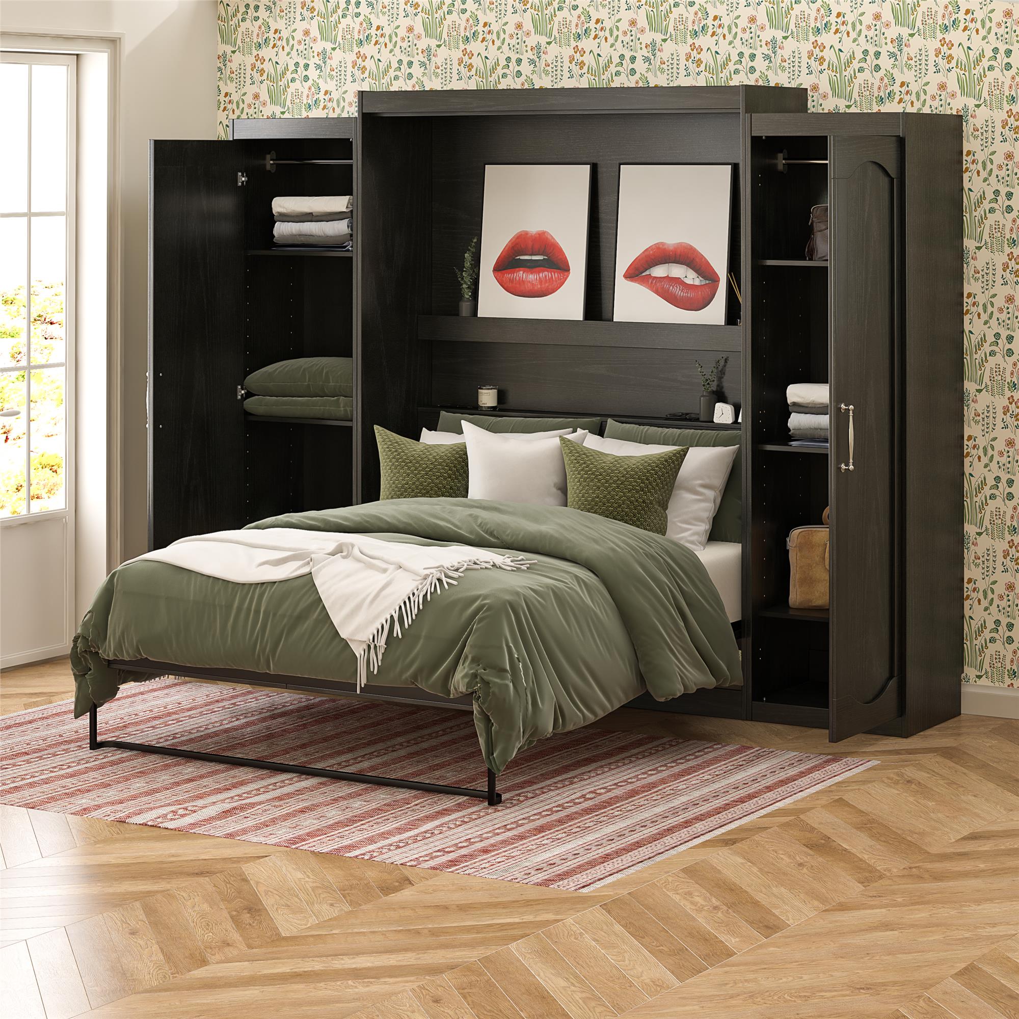 Novogratz Her Majesty Murphy Bed with Cabinets, Queen Size - Black Oak - Queen