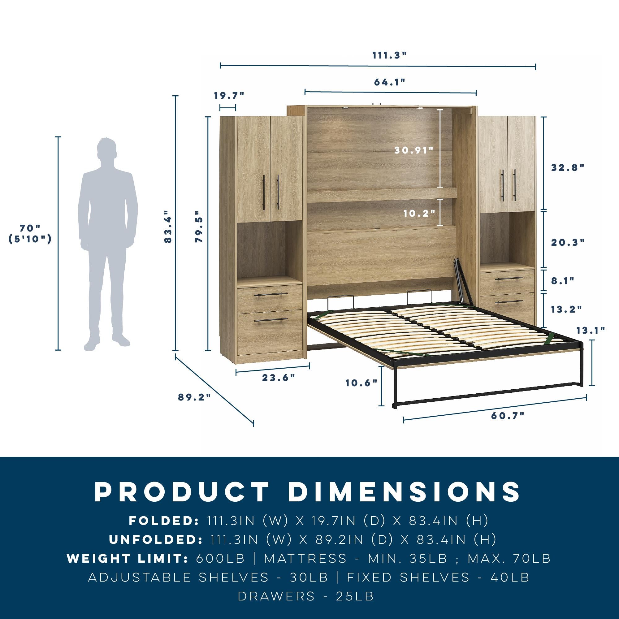 Novogratz Holly Hills Murphy Bed with Cabinets, Queen Size - Light Oak - Queen