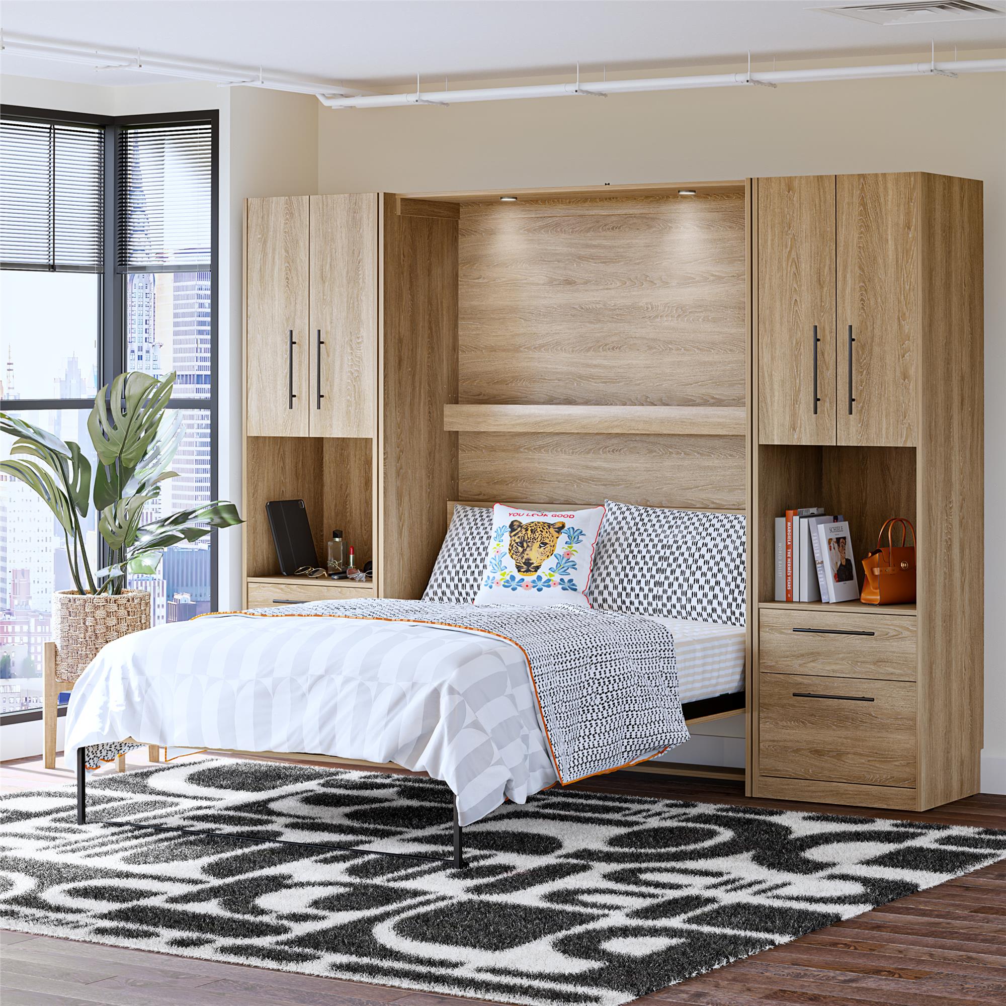 Novogratz Holly Hills Murphy Bed with Cabinets, Full Size - Light Oak - Full
